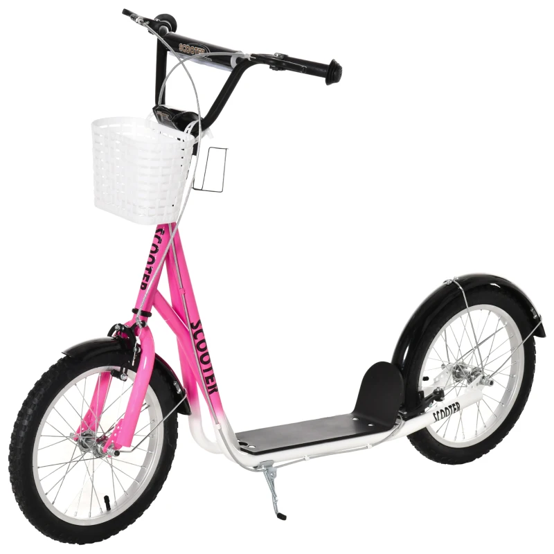 Aosom Kick Scooter with Adjustable Handlebar, Kids Scooter with 2 Brakes Basket Cupholder 16" Inflatable Rubber Tyres Pink
