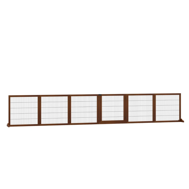 PawHut Wooden Pet Gate, Dog Safety Barrier, Freestanding Foldable Fence, w/ 6 Panels, 2 Support Feet, for House Doorway Stairs, Small & Medium Dogs, Coffee
