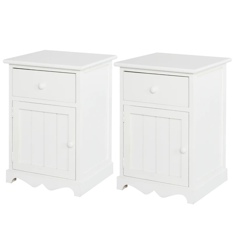 HOMCOM Nightstand Set of 2, Bedside Table with Drawer and Cabinet, Small Side Tables in Clean Lines and Curved Base, Home Furniture, White
