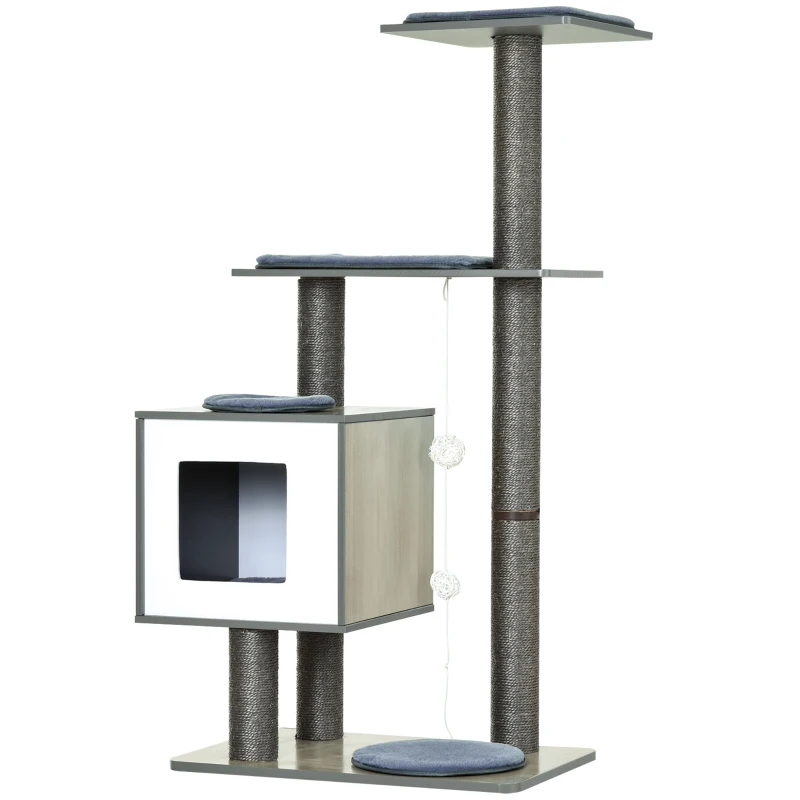 PawHut 47.2" Cat Tree, Kitten Scratcher, Activity Center, Play House with Condo Sisal, Scratching Post, and Mat - Grey