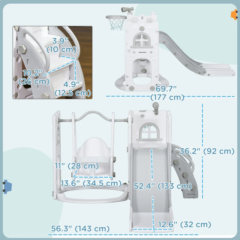 Qaba 6-in-1 Slide and Swing Set Baby Swing Playset Indoor with Basketball Hoop, Climber, Storage Space, Telescope, Grey