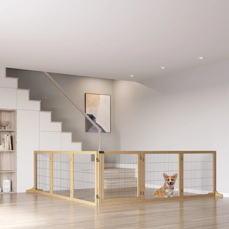 PawHut Wooden Pet Gate, Dog Safety Barrier, Freestanding Foldable Fence, w/ 6 Panels, 2 Support Feet, for House Doorway Stairs, Small & Medium Dogs, Natural Wood