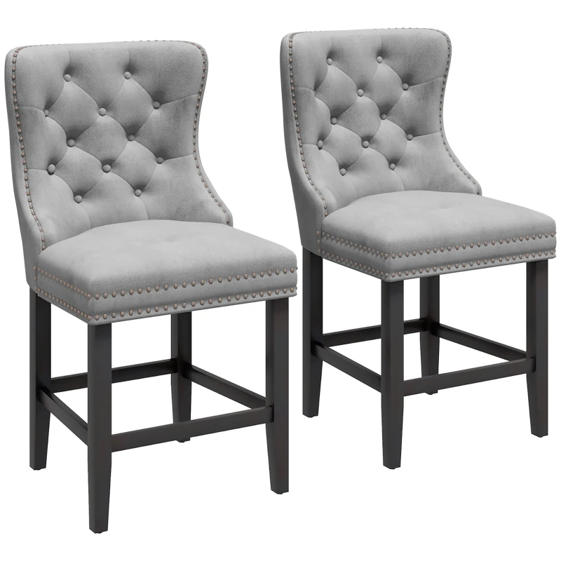 HOMCOM Upholstered Fabric Bar Stool Set of 2, Button Tufted 25.6" Seat Height Counter Chairs with Back & Wood Legs, Grey