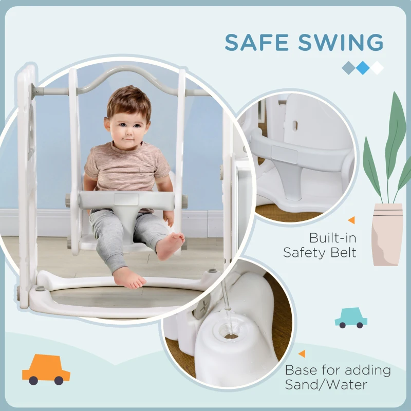 Qaba 6-in-1 Slide and Swing Set Baby Swing Playset Indoor with Basketball Hoop, Climber, Storage Space, Telescope, Grey