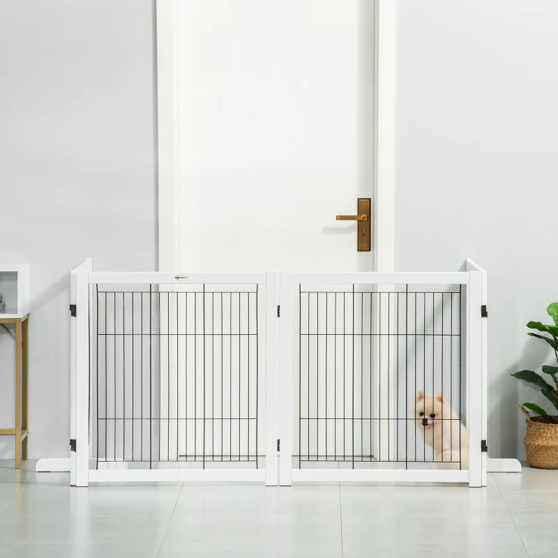PawHut Wooden Dog Gate for Small & Medium Dogs 4 Panel w/ Support Feet Foldable Pet Fence for House Doorway White