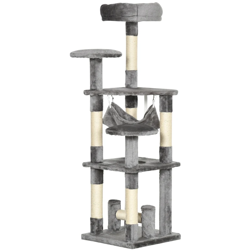 PawHut 52" Multi-Level Cat Tree Tower, Kitten Scratcher Activity Center Play House with Hammock - Grey