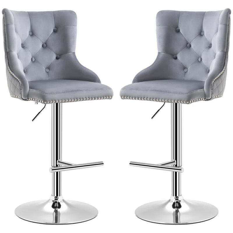 HOMCOM Modern Adjustable Bar Stools Set of 2, Swivel Velvet Barstools, Counter Height Bar Chairs with Button Tufted Back, Footrest, Nailhead Trim for Home Bar, Grey