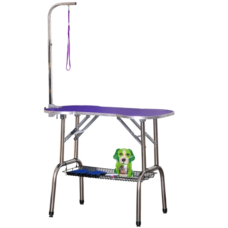PawHut 37" Foldable Pet Grooming Table Dog Drying Table with Adjustable Arm Non-Slip Rubber Tabletop Aluminium Alloy Edge Stainless Steel Bar Hanging Leash Purple