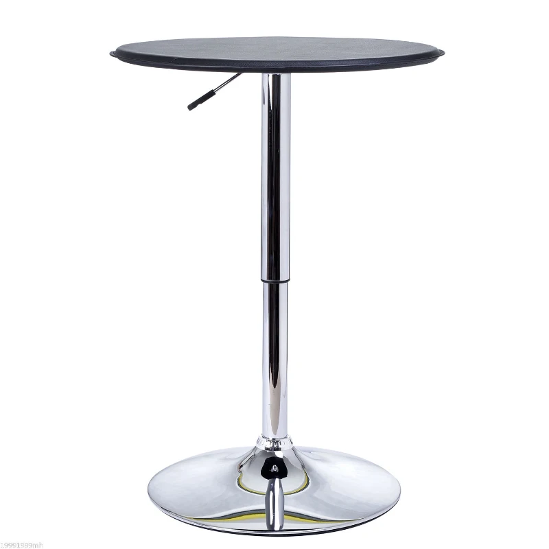 HOMCOM Modern Round Bar Table Adjustment Height Home Pub Bistro Desk Faux Leather Covered Wooden Top Chrome Base Black