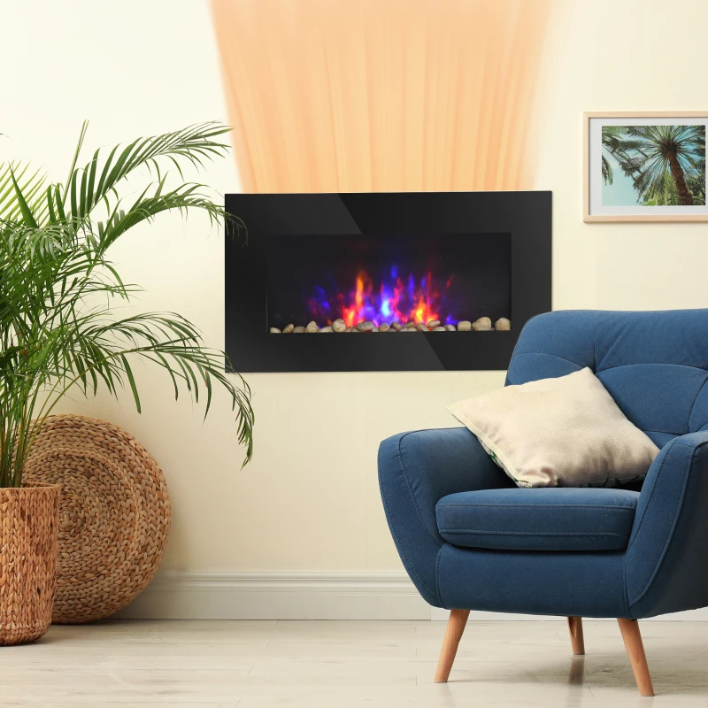 HOMCOM 28.5" 1450W Electric Wall-Mounted Fireplace with Flame Effect, 7 Color Background Light, Black