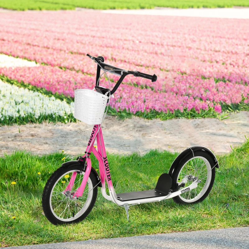 Aosom Kick Scooter with Adjustable Handlebar, Kids Scooter with 2 Brakes Basket Cupholder 16" Inflatable Rubber Tyres Pink