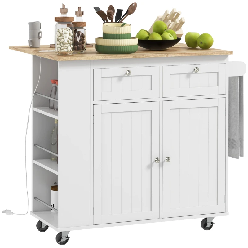 HOMCOM Kitchen Island with Power Outlet and Drop Leaf, Rolling Kitchen Cart with 2 Drawers and Adjustable Shelves, White