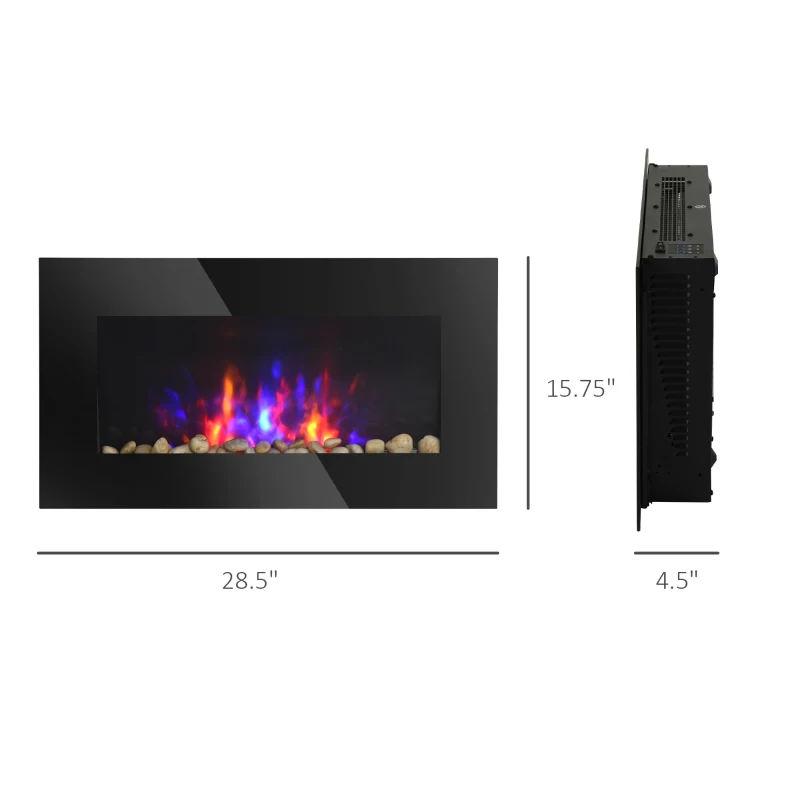 HOMCOM 28.5" 1450W Electric Wall-Mounted Fireplace with Flame Effect, 7 Color Background Light, Black