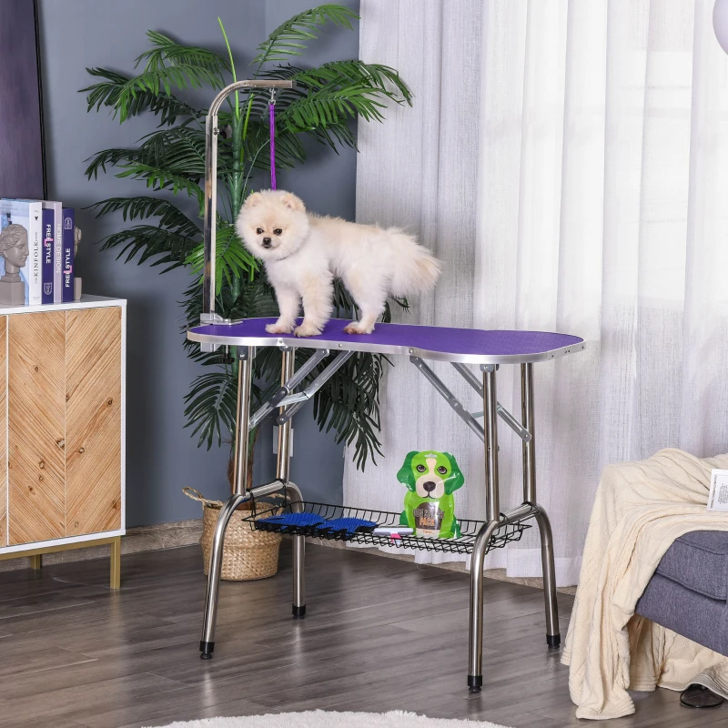 PawHut 37" Foldable Pet Grooming Table Dog Drying Table with Adjustable Arm Non-Slip Rubber Tabletop Aluminium Alloy Edge Stainless Steel Bar Hanging Leash Purple