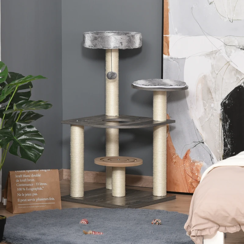 PawHut Cat tree Tower Climbing Kitten Activity Center Furniture with Sisal Scratching Post Round Toy Perch Hanging Balls 19.75" x 19.75" x 40.5"
