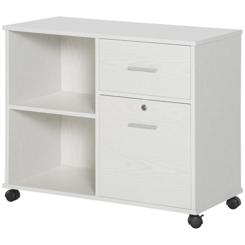 Vinsetto Lateral Filing Cabinet with Wheels, Locking File Cabinet, Mobile Printer Stand with Open Shelves and Drawers for A4 Size Documents, White