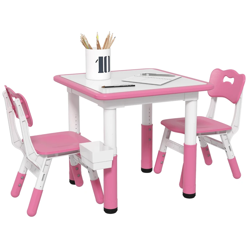 Qaba 3 Pieces Toddler Table and Chair Set, Height Adjustable Kids Table and Chair Set w/ Storage, for Playroom Pink