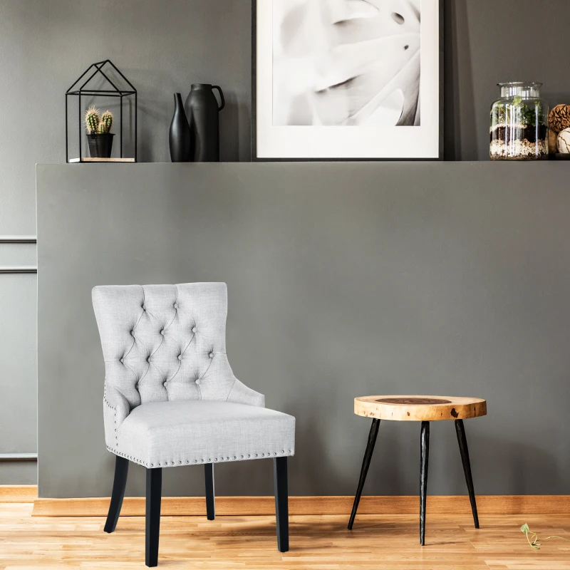 HOMCOM Swoop Air Linen Fabric Dining Chair with Nailhead Trim and Wood Legs, Light Grey