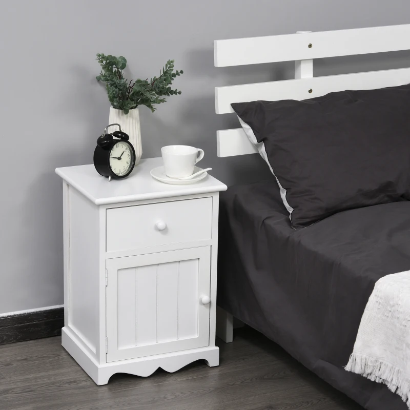 HOMCOM Nightstand Set of 2, Bedside Table with Drawer and Cabinet, Small Side Tables in Clean Lines and Curved Base, Home Furniture, White