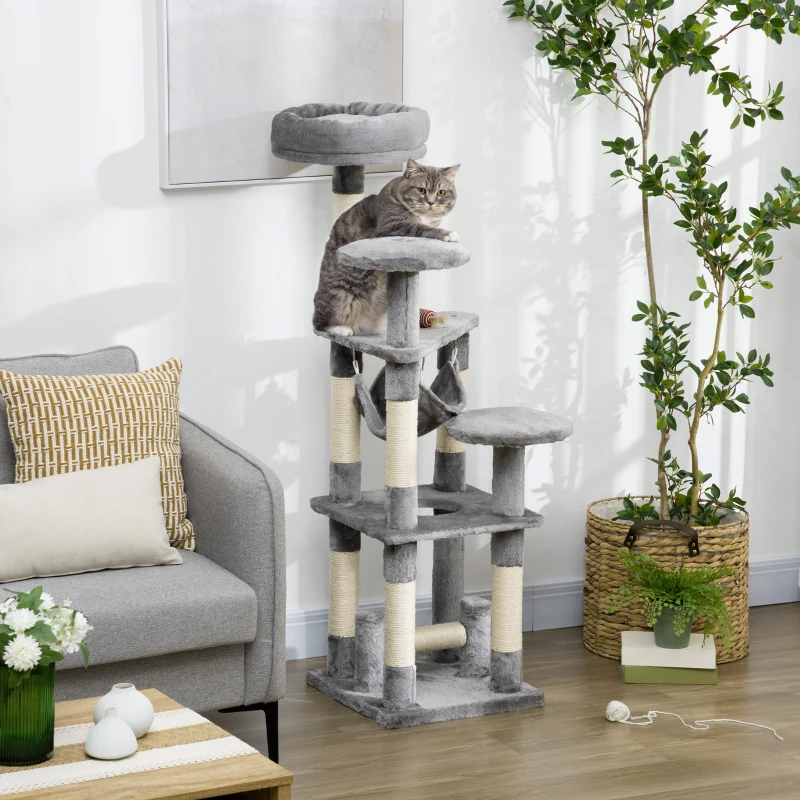 PawHut 52" Multi-Level Cat Tree Tower, Kitten Scratcher Activity Center Play House with Hammock - Grey