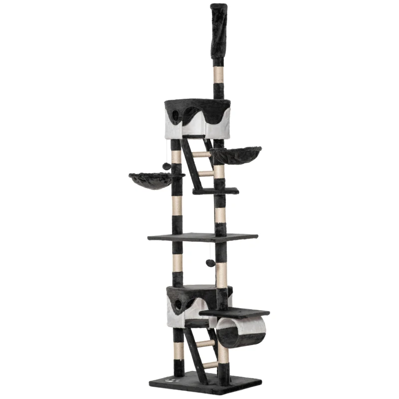 PawHut 94"-102" Floor to Ceiling Cat Tree, High Cat Condo Scratching Post Activity Center, Multi-Level Play House