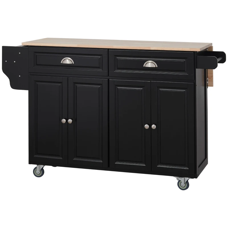 HOMCOM Kitchen Island with Storage, Rolling Kitchen Island with Drop Leaf, Rubber Wood Top and Adjustable Shelves, Black