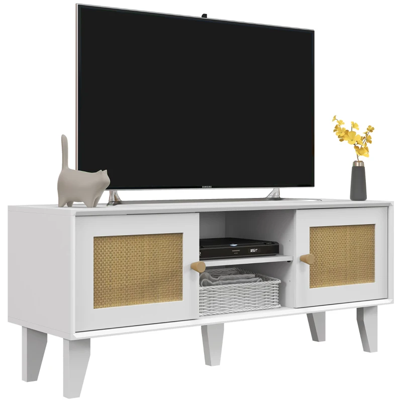 HOMCOM TV Stand Cabinet for 50-Inch, TV Table with 2 Rattan Doors, Television Stand with Adjustable Shelves and Cable Holes