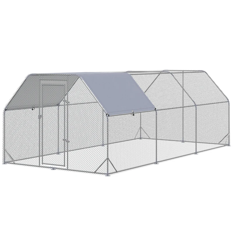 PawHut Chicken Run, Galvanized Large Metal Chicken Coop Cage, Walk-in Enclosure Poultry Hen Run House Playpen Rabbit Hutch with Flat Roof, Cover, 9.2' x 18.7' x 6.5', Silver