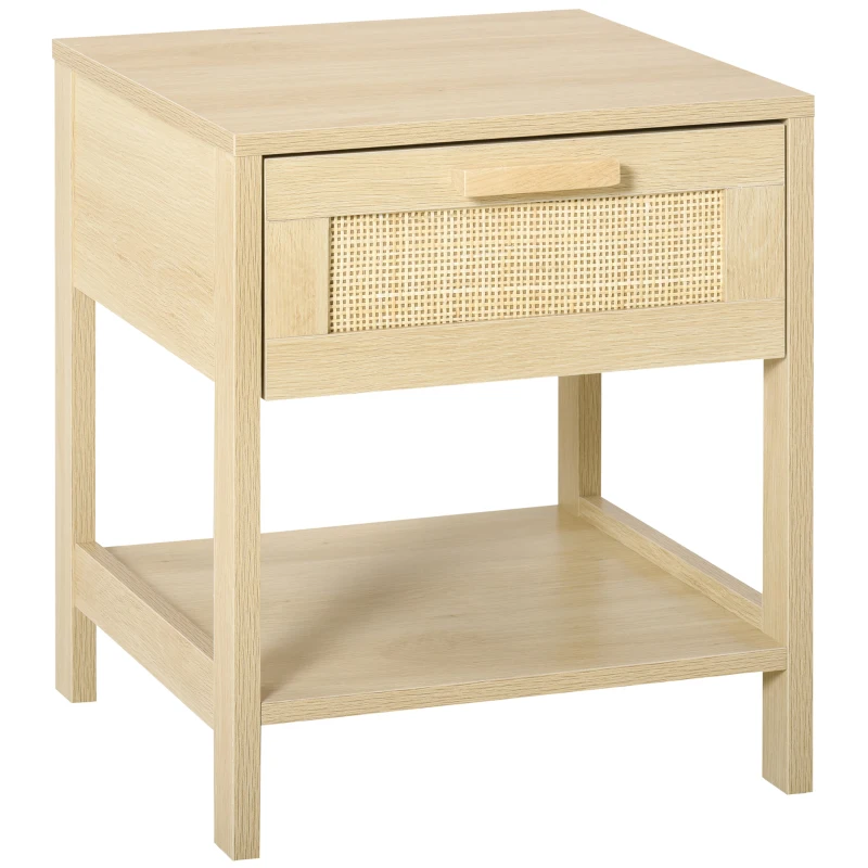 HOMCOM Narrow Nightstand with Rattan Elements, Bedside Table with Drawer and Storage Shelf for Bedroom, Natural