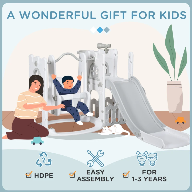 Qaba 6-in-1 Slide and Swing Set Baby Swing Playset Indoor with Basketball Hoop, Climber, Storage Space, Telescope, Grey