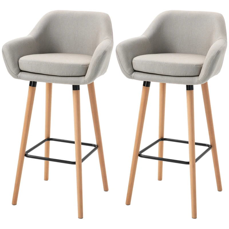 HOMCOM Modern Bar Stools Set of 2, 31.5" Barstools with Linen Fabric and Solid Wood Legs, Backrest and Footrest, Dining Room Kitchen Counter, Beige
