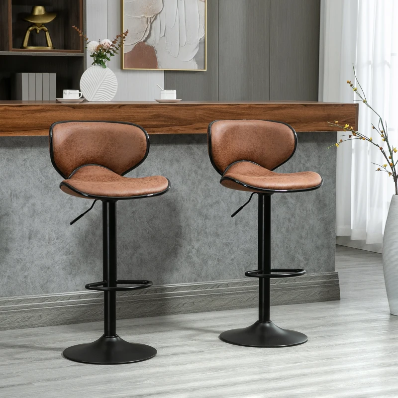HOMCOM Vintage Set of 2 Microfiber Cloth Adjustable Bar Height Stools with Swivel Seat, Brown