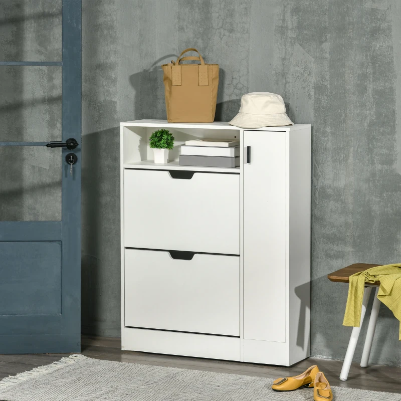 HOMCOM Modern Shoe Cabinet, 12 Pairs Shoe Storage Cabinet with 2 Flip Drawers, Adjustable Shelves, Open Shelf and Compartment for Umbrella, Hallway Entryway, White