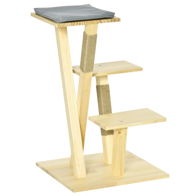 PawHut 31" Cat Tree Kitty Activity Center Pinewood Cat Climbing Toy Indoor Outdoor Pet Furniture with Jute Scratching Post Perch Cushion Natural