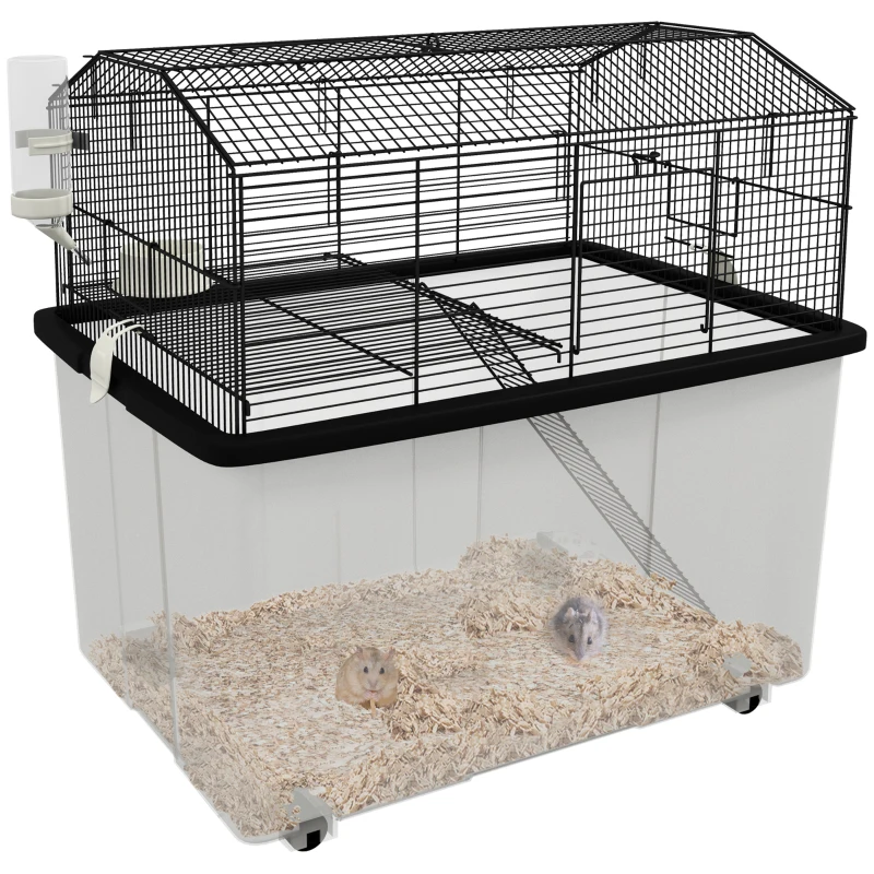 PawHut Hamster House Gerbil Habitat for Dwarf Hamster, Syrian Hamster with Wheels, Detachable Bottom - Black