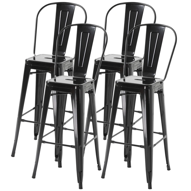 HOMCOM Set of 4 Bar Stools Kitchen Industrial Breakfast Bistro Cafe Metal Frame Black