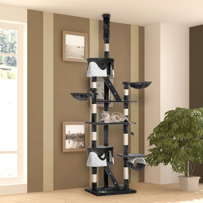 PawHut 94"-102" Floor to Ceiling Cat Tree, High Cat Condo Scratching Post Activity Center, Multi-Level Play House