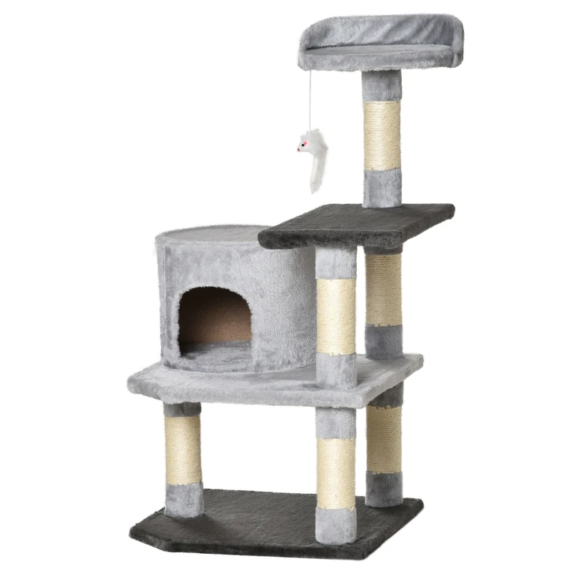 PawHut 39" Cat Scratching Tree, Kitten Condo Playhouse, Kitty Activity Center, Rest Post Top Perch with Hanging Toy - Grey