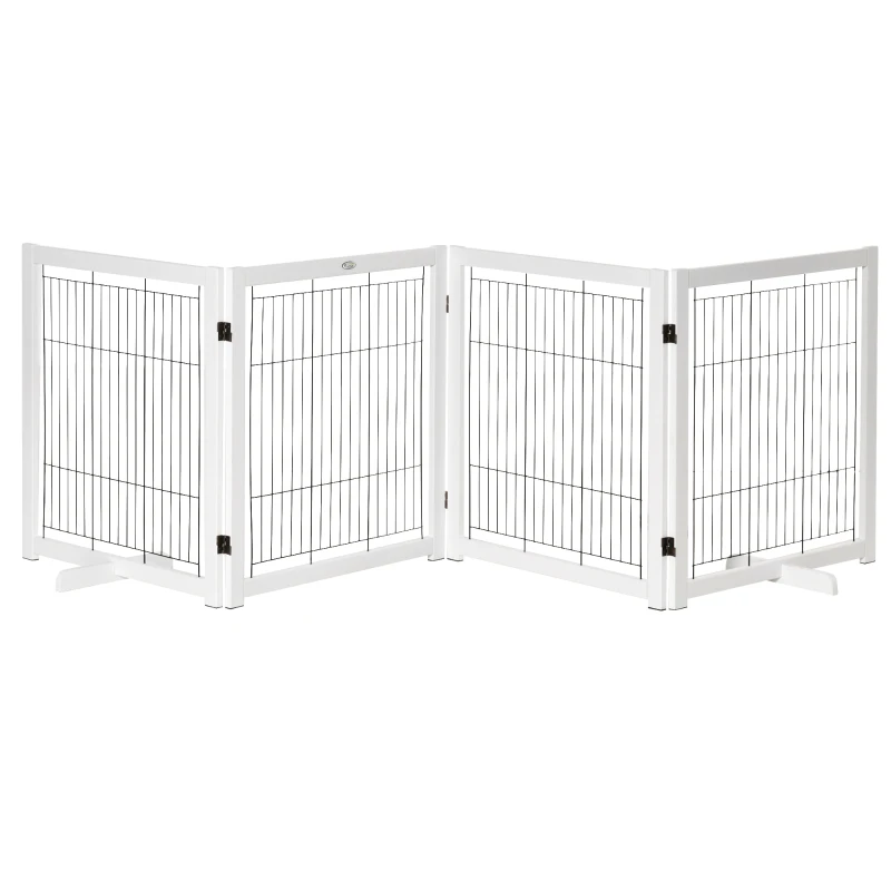 PawHut Wooden Dog Gate for Small & Medium Dogs 4 Panel w/ Support Feet Foldable Pet Fence for House Doorway White