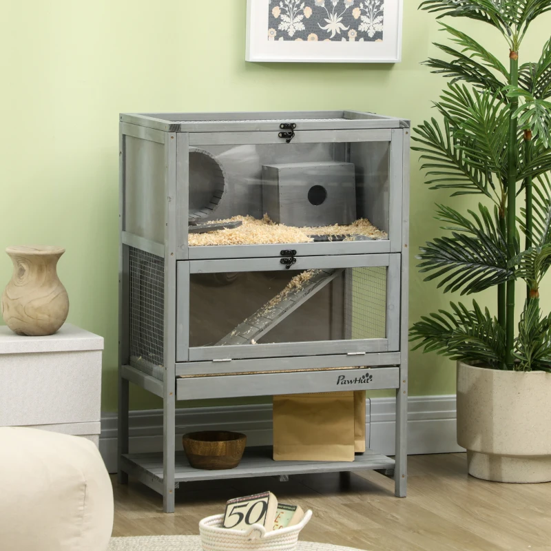 PawHut Wooden Hamster Cage, Mice Rodent Small Animals Kit Hutch with Storage, Sliding Tray Seesaw Running Wheel Lockable Roof