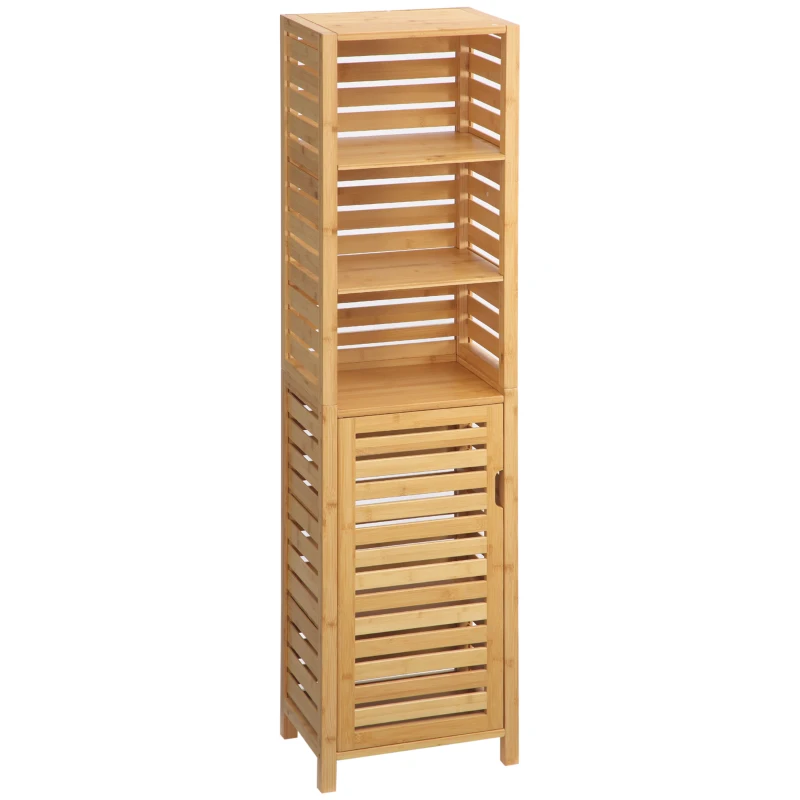 kleankin Tall Bathroom Storage Cabinet with 3 Open Shelves, Slim Bamboo Linen Tower Freestanding Linen Towel with Slatted Door, Natural