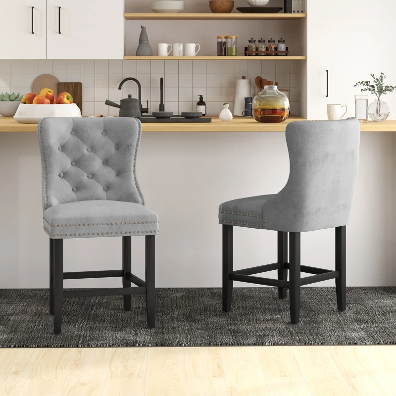 HOMCOM Upholstered Fabric Bar Stool Set of 2, Button Tufted 25.6" Seat Height Counter Chairs with Back & Wood Legs, Grey