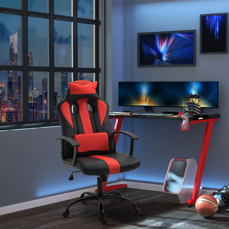 Vinsetto Office Chair High Back Racing Style Gaming Chair Adjustable PU Leather Swivel Computer Task Seat with Lumbar Support and Pillow Red