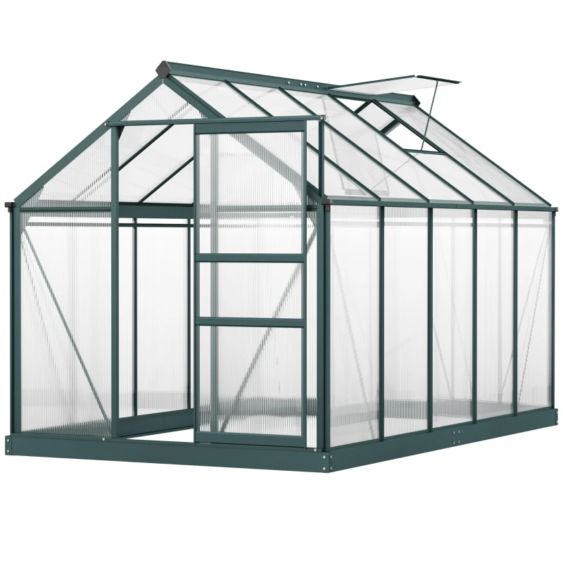Outsunny 6' x 10' x 6.6' Polycarbonate Greenhouse, Walk-In Green House Kit Garden, Plants Grow, Galvanized Sheet Aluminum Frame with Rain Gutter, Vents and Sliding Door, Green