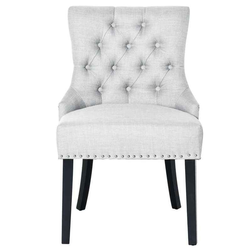 HOMCOM Swoop Air Linen Fabric Dining Chair with Nailhead Trim and Wood Legs, Light Grey