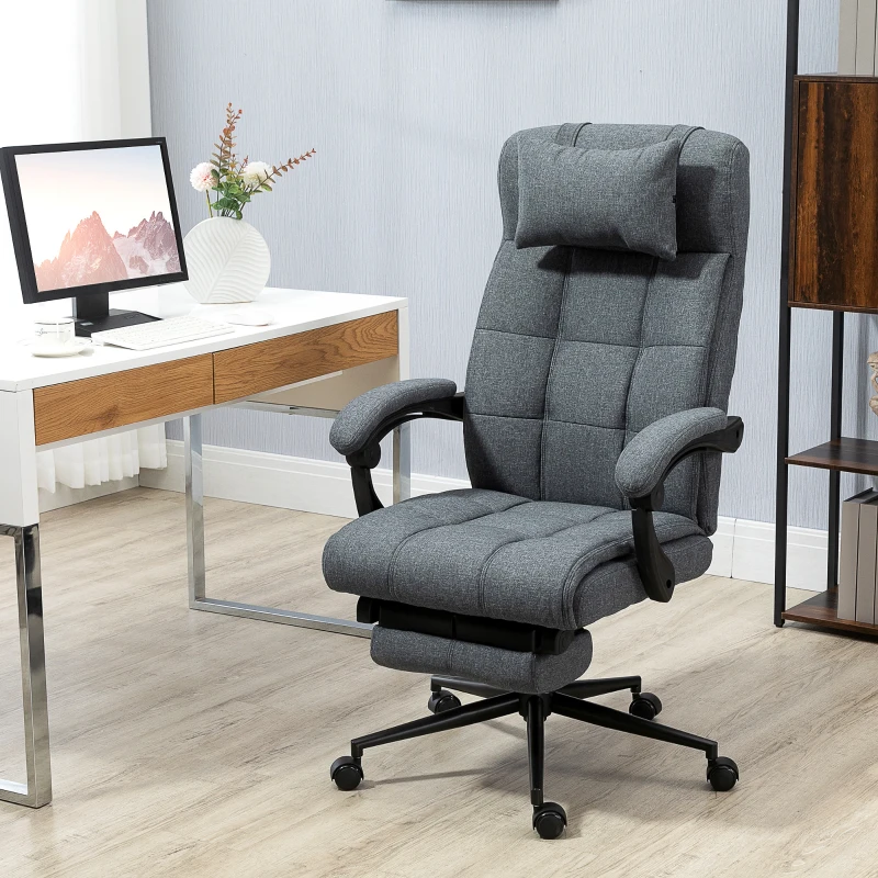 Vinsetto Office Chair Executive Linen-Feel Fabric High Back Swivel Task Chair with Upholstered Retractable Footrest, Headrest and Padded Armrest, Dark Grey