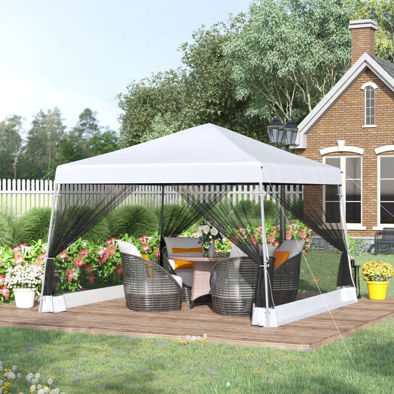 Outsunny Slant Leg Pop Up Canopy Tent with Netting and Carry Bag, Instant Sun Shelter, Tents for Parties, Height Adjustable, for Outdoor, Garden, Patio, (11.5'x11.5' Base / 10'x10' Top), White