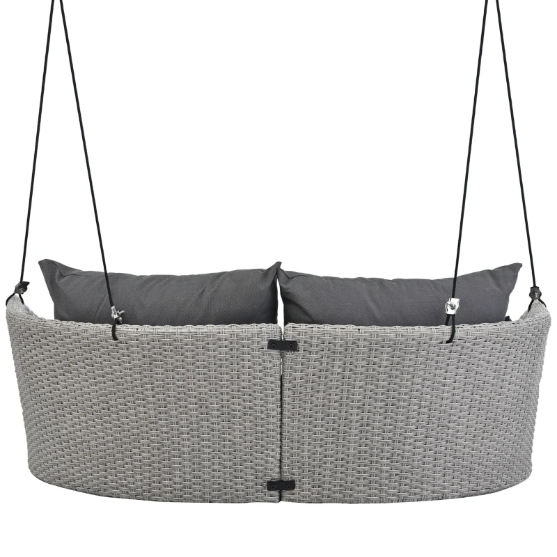 51.9" 2-Person Hanging Seat with Cushions, Rattan Woven Swing Chair with Cushions and Adjustable Ropes, Waterproof and Sun-Resistant, 500 LBS Capacity, Gray