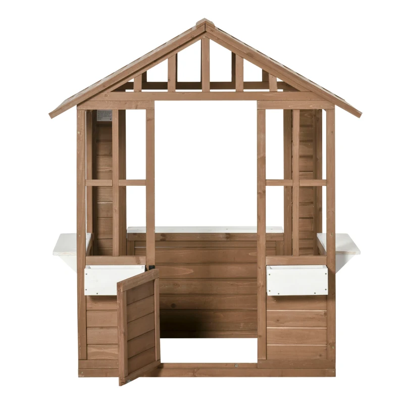 Outsunny Kids Wooden Playhouse, Outdoor Garden Games Cottage with Flowers Pot Holder, Working Door, Windows, Brown