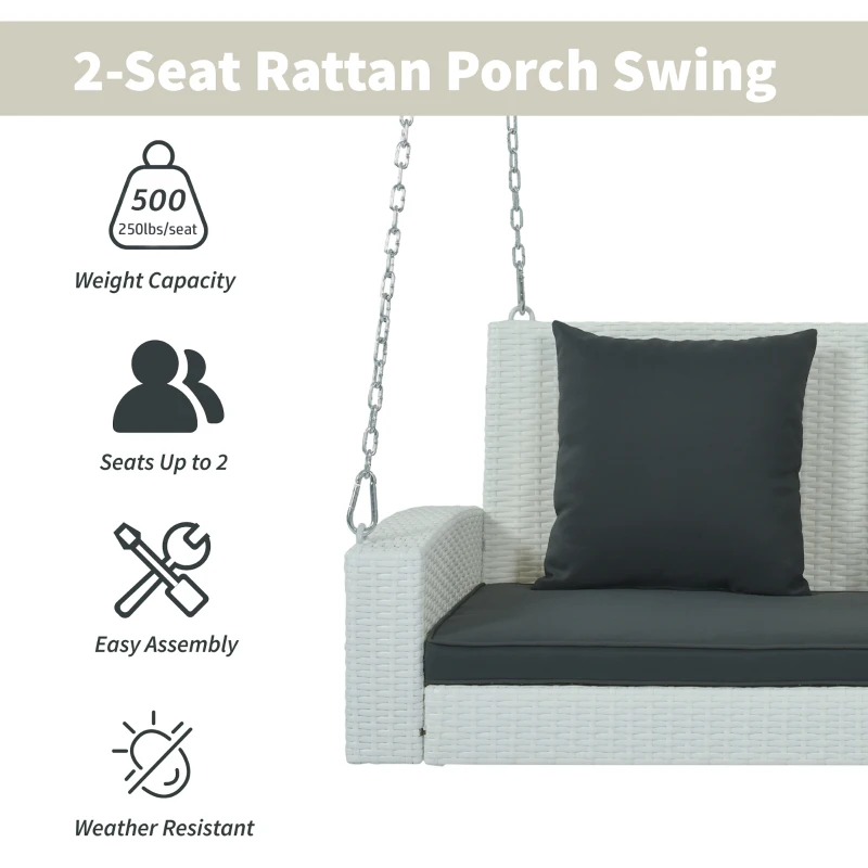 2-Person Wicker Hanging Porch Swing with Chains, Removable Cushion and Pillow, Rattan Swing Bench for Garden, Backyard, 50" Length, White